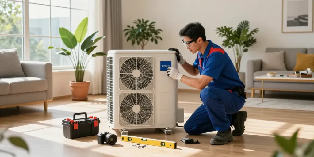 Air Conditioner Install Calgary: Technician installing AC in a modern living room with natural light.
